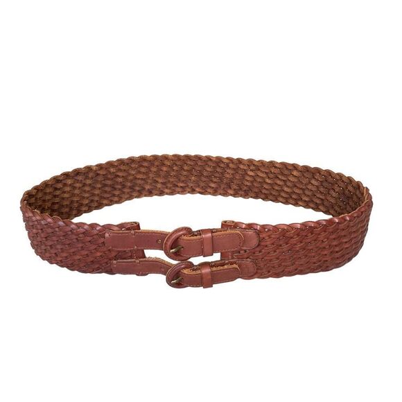 ABERCROMBIE & FITCH Leather Woven Braided Wide Belt Double Buckle Brown L main image 15